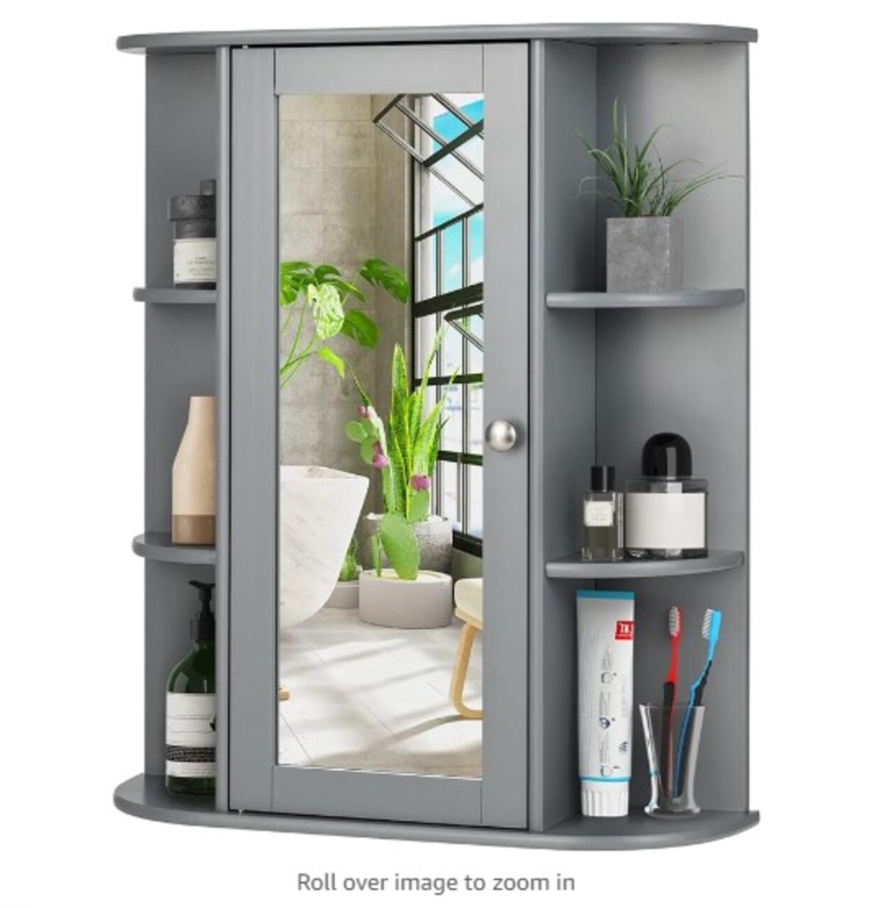 Storage Organizer with Mirror Door, Adjustable Shelves & 6 Open Racks, Space-Saving Hanging Medicine Cabinet for Living Room Kitchen Entryway (Gray)